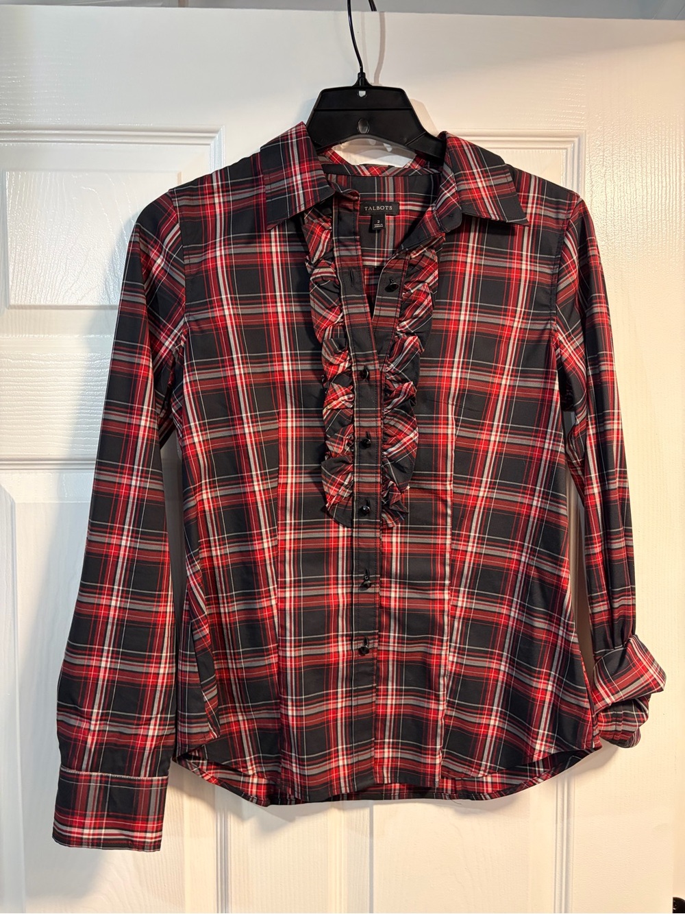 Talbots Red and Black Plaid Ruffle-Front Button-Down Blouse